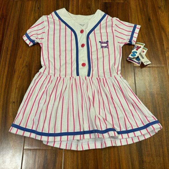 Happy Kids Vintage Team Sports baseball white pink stripe short sleeve dress - Picture 1 of 4